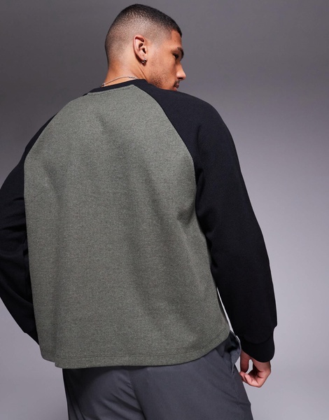 ASOS DESIGN oversized boxy waffle contrast raglan T-shirt in khaki and black