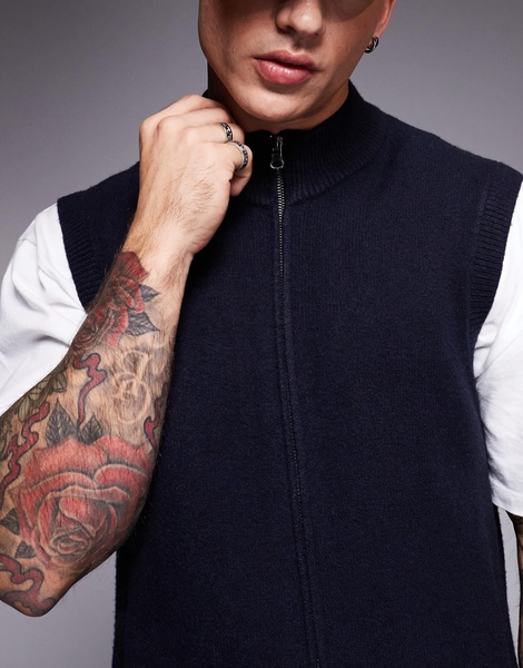 ASOS DESIGN knitted zip thru tank with funnel neck in navy