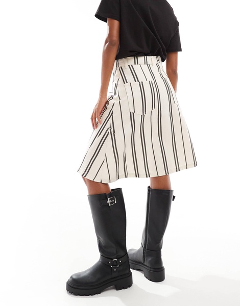 ASOS DESIGN denim awkward length skirt in black and white stripe