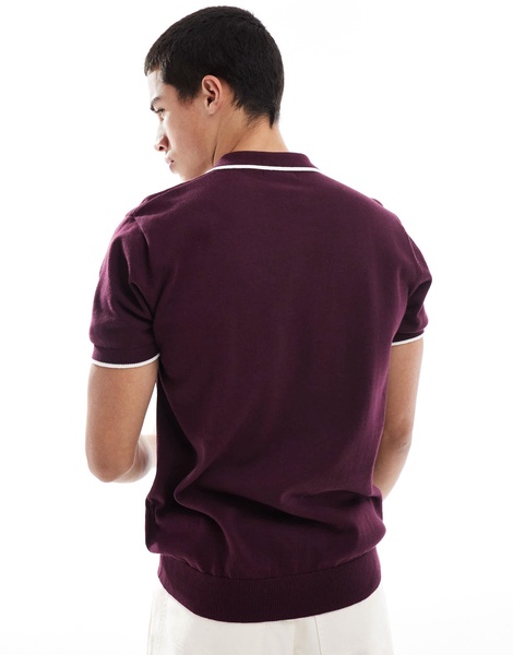 Brave Soul knit polo shirt with contrast tipping in burgundy