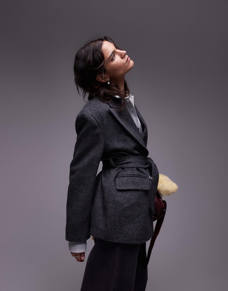 Topshop double breasted belted twill blazer coat in charcoal