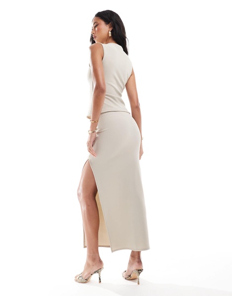 ASOS DESIGN ribbed maxi skirt with side slit in stone - part of a set
