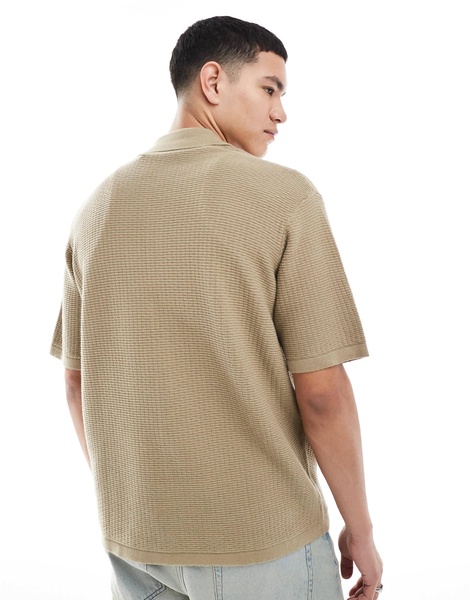 Bershka button through knitted shirt in brown