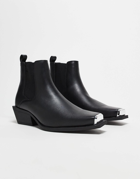 ASOS DESIGN cuban heel western chelsea boots in black faux leather with silver toe cap