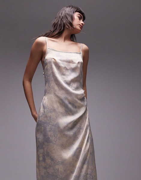 Topshop premium square neck wrap midi slip dress in dusty blue floral