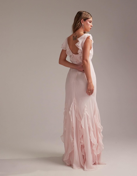 ASOS DESIGN Bridesmaids flutter sleeve bias maxi dress with flare frill hem in soft pink