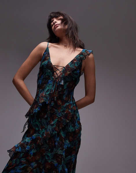 Topshop maxi frill slip dress midi in green floral