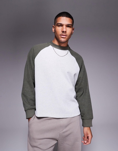 ASOS DESIGN oversized boxy waffle knit long sleeve raglan t-shirt in heather gray