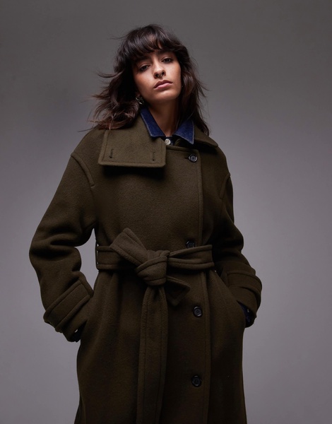 ARKET wool maxi belted trench coat with side splits in Khaki