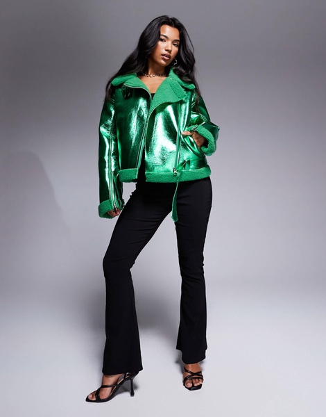 Amy Lynn aviator jacket in metallic emerald green