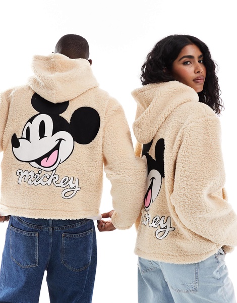 ASOS DESIGN Disney unisex boxy oversized borg hoodie with mickey face embroidery in beige
