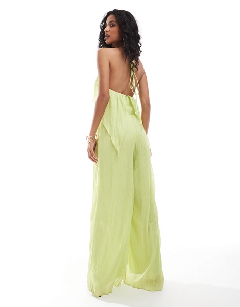ASOS DESIGN textured halter wide leg jumpsuit with frill detail in lime green