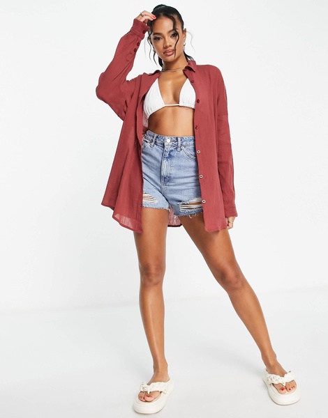 ASOS DESIGN crinkle beach shirt in brown