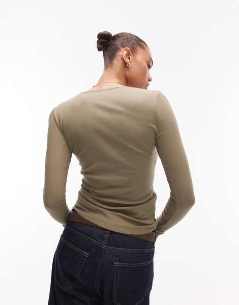 ARKET sheer jersey long sleeve top with button placket in khaki green