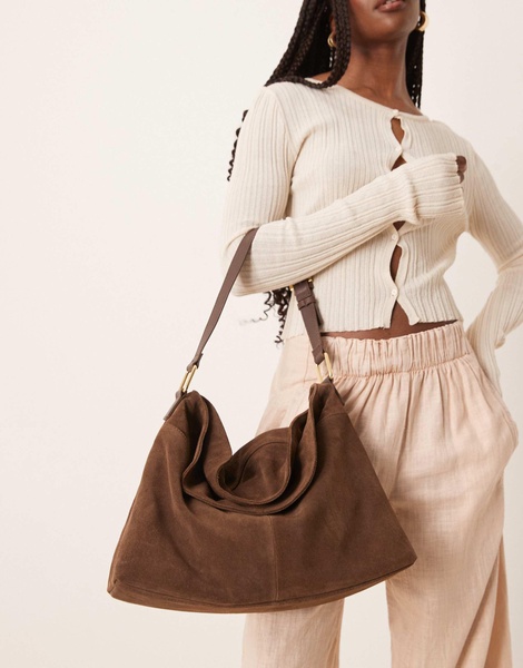 ASOS DESIGN suede fold-over flap tote bag in chocolate