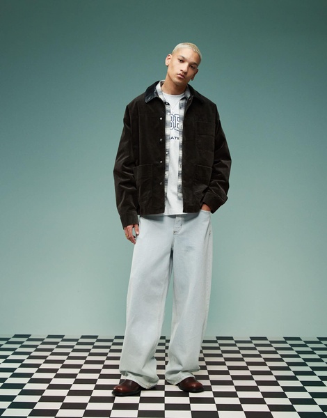 ASOS DESIGN oversized velvet look harrington jacket in brown with contrast collar