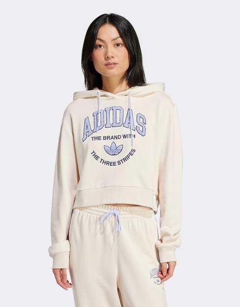 adidas Originals Sports Varsity cropped hoodie in cream and purple