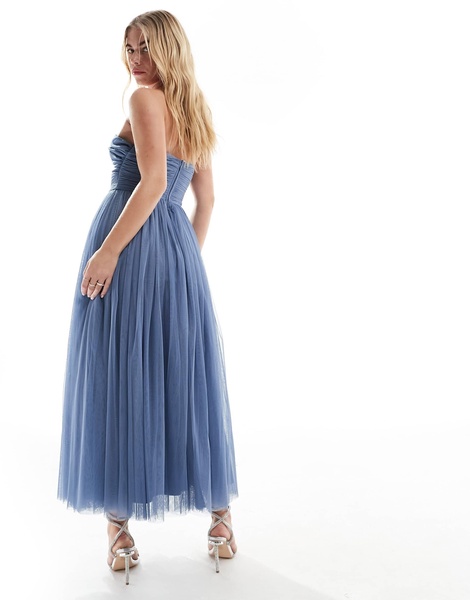 Anaya bandeau tulle midi dress with cut out detail in blue