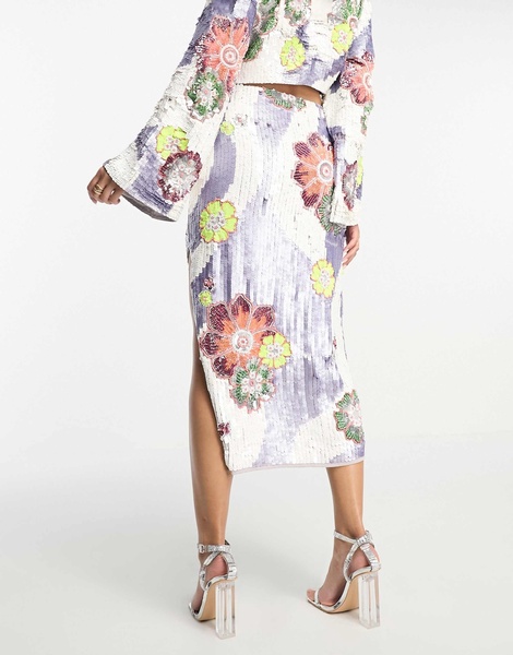 ASOS DESIGN sequin floral embellished midi skirt with slit in lilac - part of a set