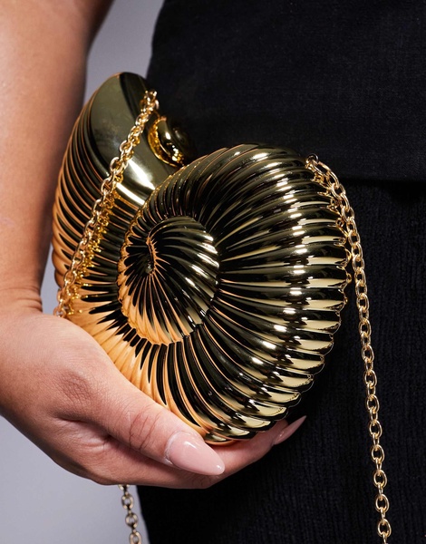 ASOS DESIGN round ammonite shell clutch bag with crossbody chain strap in gold