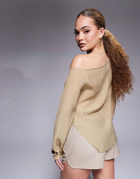 ASOS DESIGN off shoulder long sleeve top in khaki