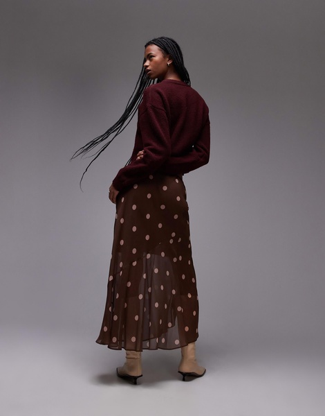 Topshop chiffon cutabout skirt in brown polka dot
