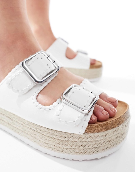 ASOS DESIGN Wide Fit Traffic double buckle flatform mules in white