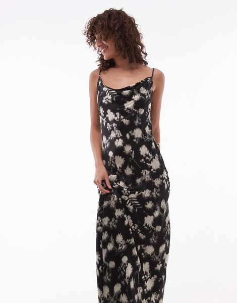 Topshop twist back cowl neck midi slip dress in mono floral satin