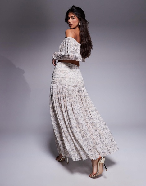 AFRM sheer pleated maxi skirt with drop waist in cream - part of a set