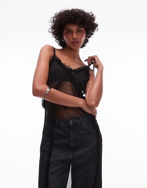 Topshop sheer polka dot ruffle midi dress in black