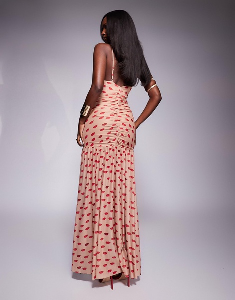 AFRM Harlo plunge maxi dress with ruched detailing in almond kiss