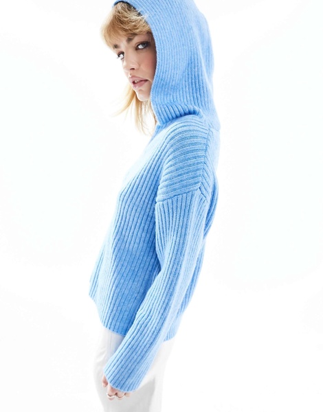 Monki v neck knitted hood sweater in blue