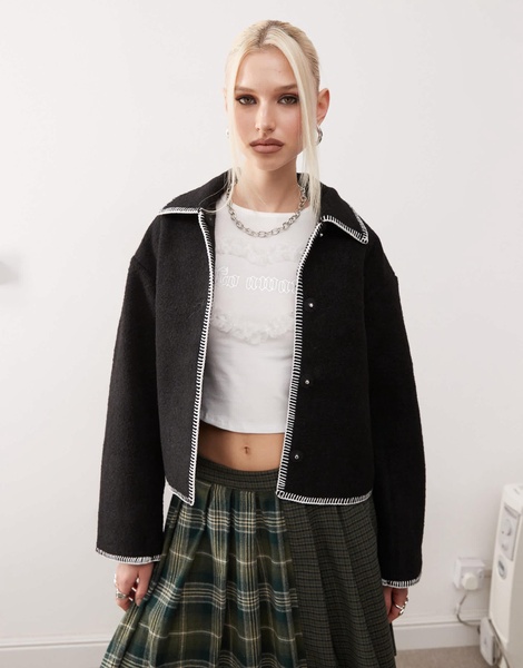Monki short jacket in black with contrast stitching