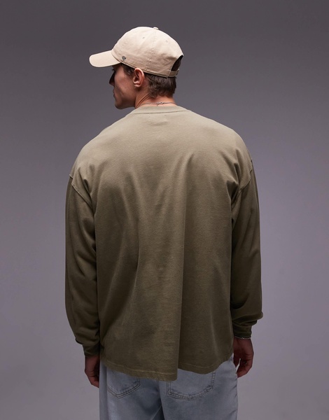 Topman oversized fit long sleeve t-shirt in washed khaki