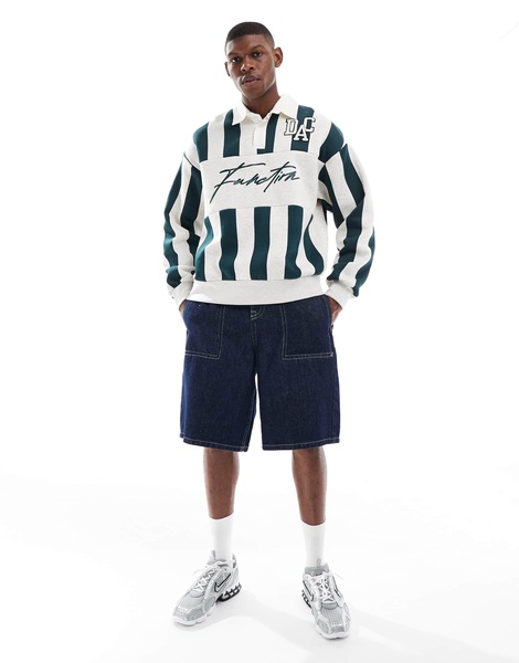 Bershka striped rugby polo in green and white