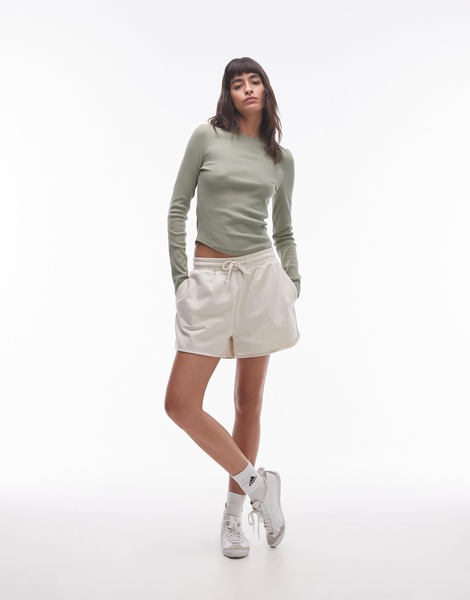 Topshop rib curve hem long sleeve tee in soft khaki