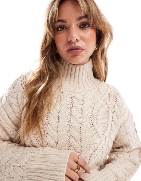 Brave Soul cable knit turtleneck sweater in stone