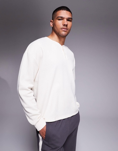 ASOS DESIGN oversized boxy long sleeve henley waffle T-shirt in cream