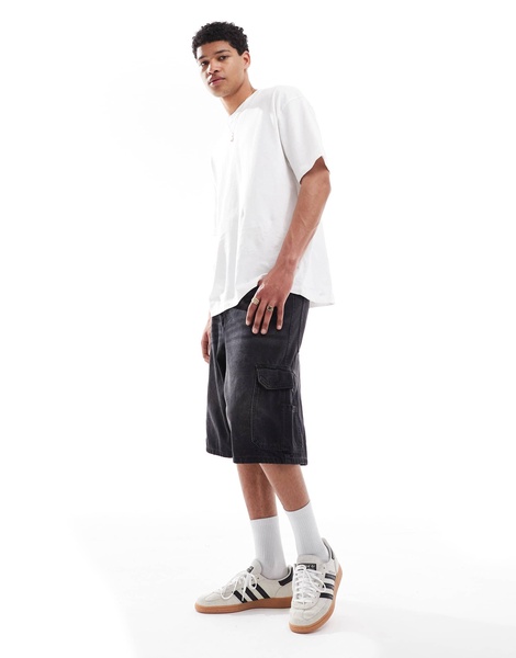 Bershka denim cargo shorts in black