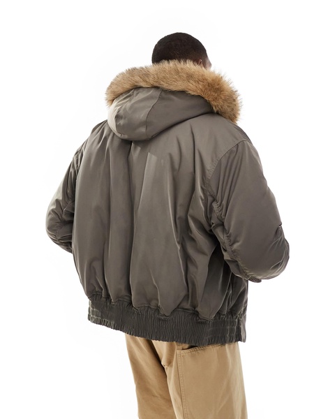 Weekday padded bomber jacket with faux fur hood in khaki