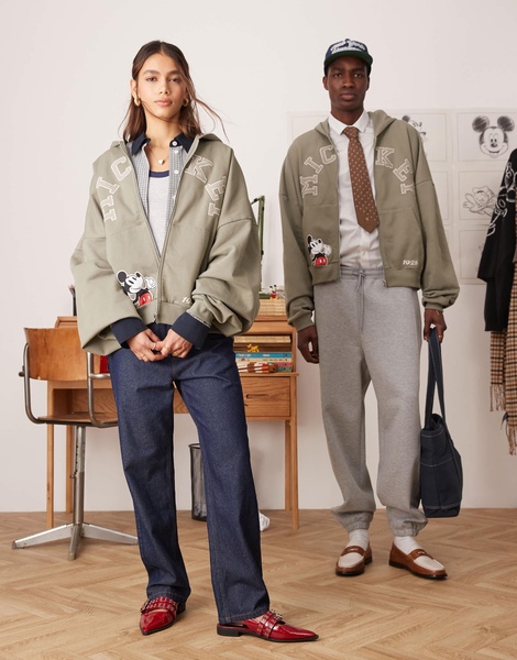 ASOS DESIGN Disney unisex boxy super oversized zip through hoodie with Mickey Mouse prints and embroidery in khaki
