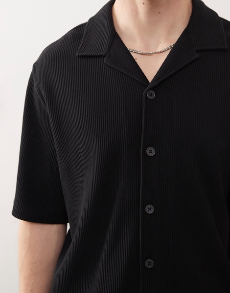 Weekday rib oversized resort short sleeve shirt in black