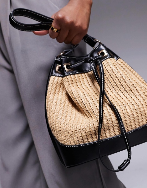 ASOS DESIGN straw bucket shoulder bag with contrast stitching in black