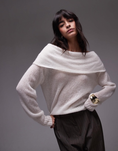 ARKET open knit sheer sweater with fold over off the shoulder in off white