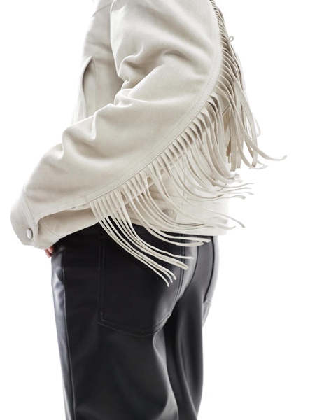 Bershka faux suede fringe detail jacket in ecru