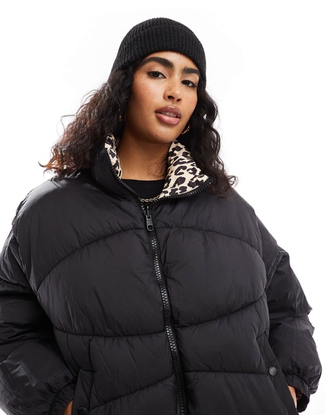 Bershka reversible padded jacket in black & leopard print