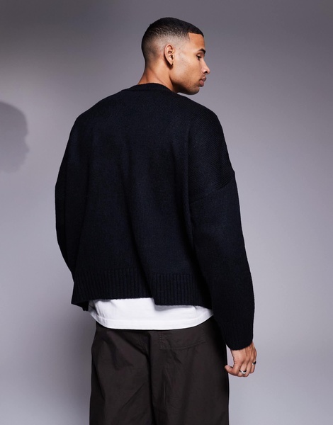 ASOS DESIGN super oversized boxy fit knitted crew neck sweater with city text pattern in navy