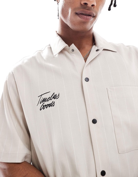 Bershka embroidered striped shirt in beige