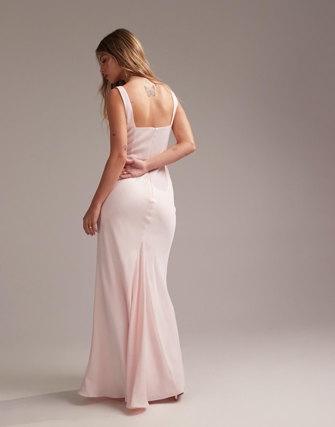 ASOS DESIGN Bridesmaid satin square neck maxi dress in soft pink