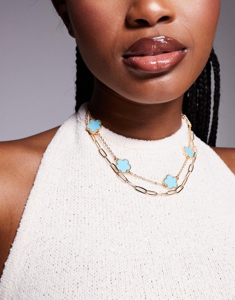 ALDO Feelin' Blue multirow choker necklace with clover charms in turquoise and gold